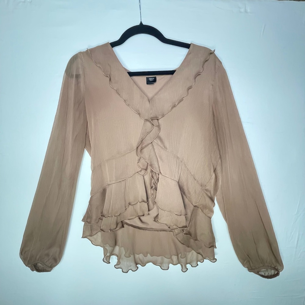 Autres Filles Brown Ruffled Long Sleeve V Neck High Low Balloon Sleeve Blouse L